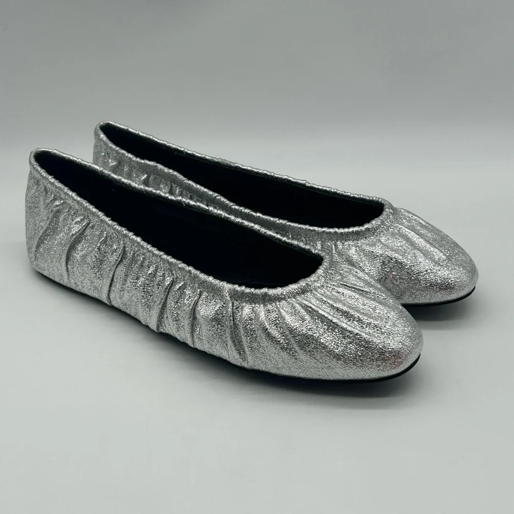 Rebecca Minkoff Ruched Silver Metallic Ballerina Flats Size 8.5 NEW With Box